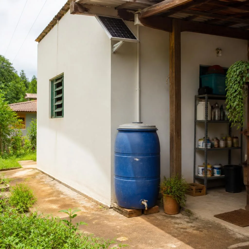 Braziliaans huis met waterreservoir, zonnepaneel en georganiseerde plank