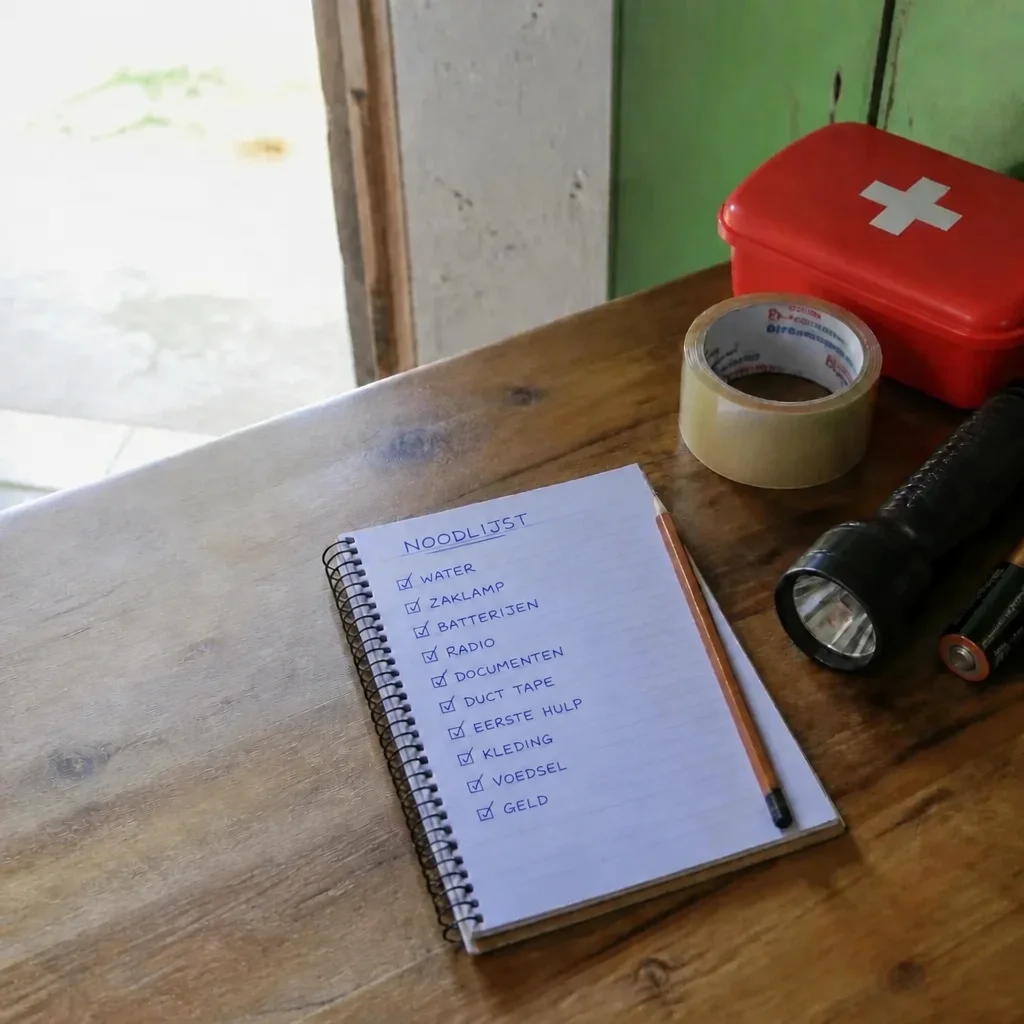 Schrift met noodlijst naast een zaklamp en EHBO-doos