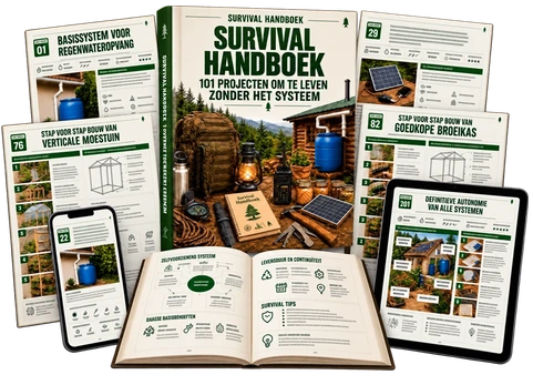 Mockup van het Overlevingshandboek met cover, binnenpagina's en versies voor mobiel en tablet